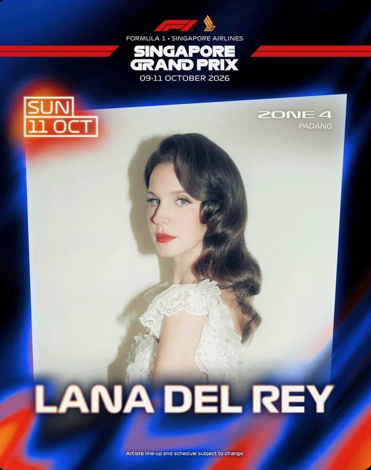  ​  值得一提的是，Lana Del Rey 過去幾乎沒有在亞洲公開演出的經驗，近日新加坡 F1 大賽表演宣布她將於 10 月 11 日登台演出！