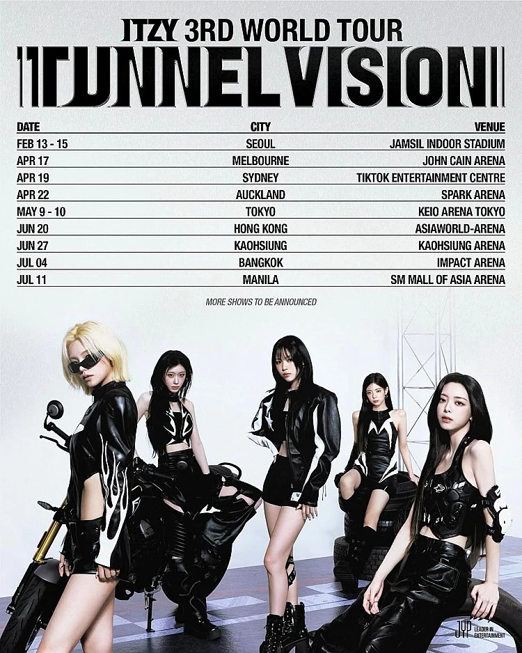 2019 年由 JYP 娛樂推出的五人女團 ITZY，一出道便以強烈的 Girl Crush 風格、高強度舞蹈表演，加上自信直率的歌詞迅速引發關注，更靠著〈DALLA DALLA〉、〈WANNABE〉、〈Not Shy〉...等冠軍單曲一步步成為第五代女團的代表之一，其中〈WANNABE〉的「肩舞」更在全球掀起模仿熱潮，而她們也在今年初驚喜宣布將展開全新世界巡演「TUNNEL VISION」，並將在 6 月 27 日登陸高雄巨蛋，勢必要與她們嗨爆高雄！