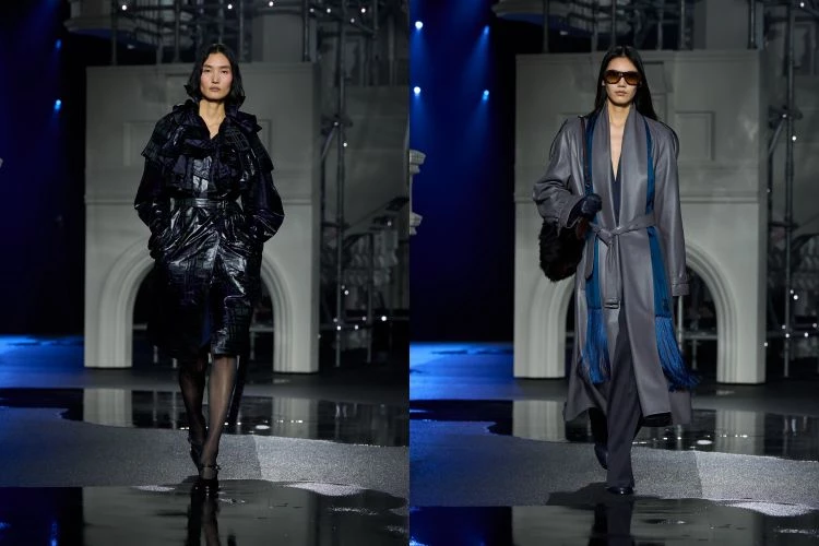 相較前兩季偏向戶外與自然的敘事,這一回Daniel Lee把鏡頭對準街頭節奏,在演算法主導的世界裡,他選擇讓夜色成為主角。傳統與青春不再對立,而是互相摩擦出火花。經典大衣、燕尾服、絲質襯衫被重新排列組合,機能雨衣與皮革飛行員外套卻流露出晚裝氛圍。