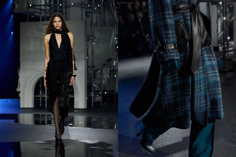 外套邊緣保留原切羊毛、格紋重新拼接,領口飾以褶皺羅緞,細節低調也更耐看。光滑羊皮在燈光下泛起虹彩光澤,像夜路上被汽油映射的光。證實了性感,是出自一種不張揚的美。