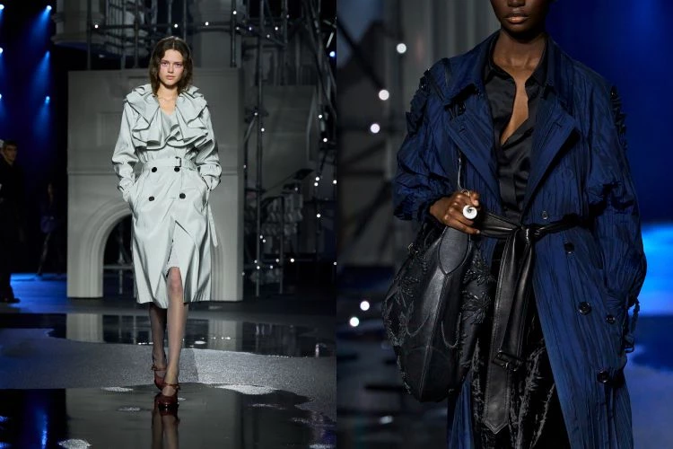 女裝的部分更是讓我著迷,風衣被當成配件般披在緞面洋裝外,那種寬鬆餘裕很倫敦。不是刻意營造,而是彷彿臨出門前隨手抓起心愛的大衣。新剪裁鬆而不垮,慵懶卻精準。