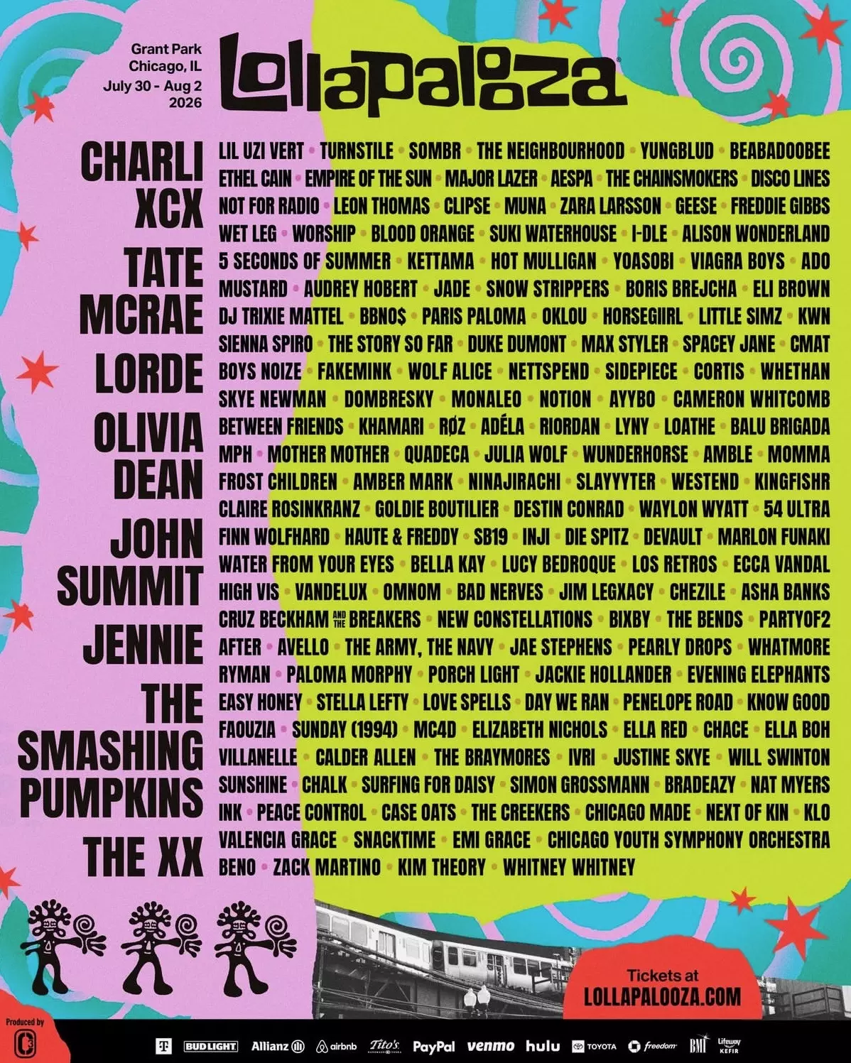 日前官方已公開完整演出名單,表演陣容包含 Charli XCX、Lorde、The Smashing Pumpkins、The xx、Tate McRae、Zara Larsson、Lil Uzi Vert、Wet Leg、Beabadoobee與電音製作人 John Summit...等,表演卡司超過 170 組藝人並分布於多個舞台,呈現出從主流流行到地下音樂的完整光譜。