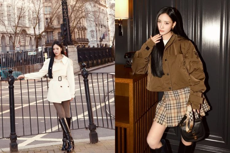 而這場大秀的另一個焦點,是Lily許韶恩的時裝週初體驗。從街拍大片到秀場造型,選擇短版風衣搭配長靴,下身比例被拉得乾淨俐落。進場後的另一套造型則更有態度,同樣短版風衣下身搭配經典格紋裙裝,英倫元素在她身上反而多了一種新世代的清爽。