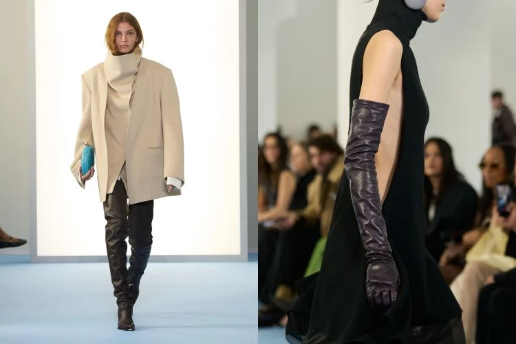 其中最讓我停下來看的，是材質之間的對話。麂皮貼上皮革，柔與硬在同一個輪廓裡拉扯；霧面吞光，亮面反射，走動時自然生成明暗層次。可拆卸的撞色領在肩頸處做出一個俐落的停頓，長短比例切換讓視線被重新分配。再疊上透與不透的面料、貼身針織勾勒出的線條，性感被放進步伐裡，而不是定格在鏡頭前。