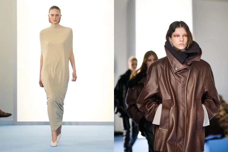 其中最讓我停下來看的，是材質之間的對話。麂皮貼上皮革，柔與硬在同一個輪廓裡拉扯；霧面吞光，亮面反射，走動時自然生成明暗層次。可拆卸的撞色領在肩頸處做出一個俐落的停頓，長短比例切換讓視線被重新分配。再疊上透與不透的面料、貼身針織勾勒出的線條，性感被放進步伐裡，而不是定格在鏡頭前。