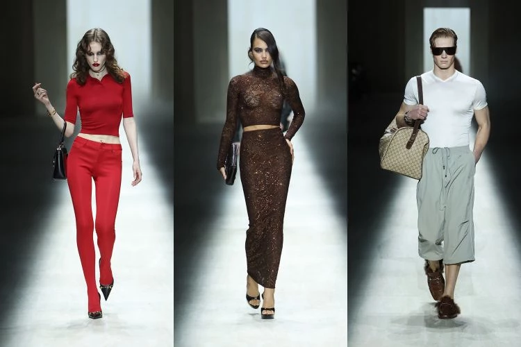 這一季的命題少了含蓄,少了曖昧,更直接地正中紅心。開場那件極致無縫白色迷你洋裝,像味覺重置般乾淨,絲襪般服貼的牛仔褲、緊到勾勒曲線的上衣、在黑暗中閃光的水鑽禮服,每一件都在放大身體線條。