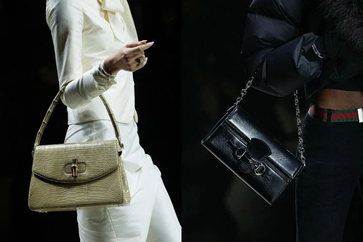 模特兒手上的Bamboo 1947以更俐落的新體積回歸,竹節提把改用柔性拼接皮革,線條乾淨許多。晚宴手拿包放大尺寸,可以裝手機。沒錯,就是這麼實際。