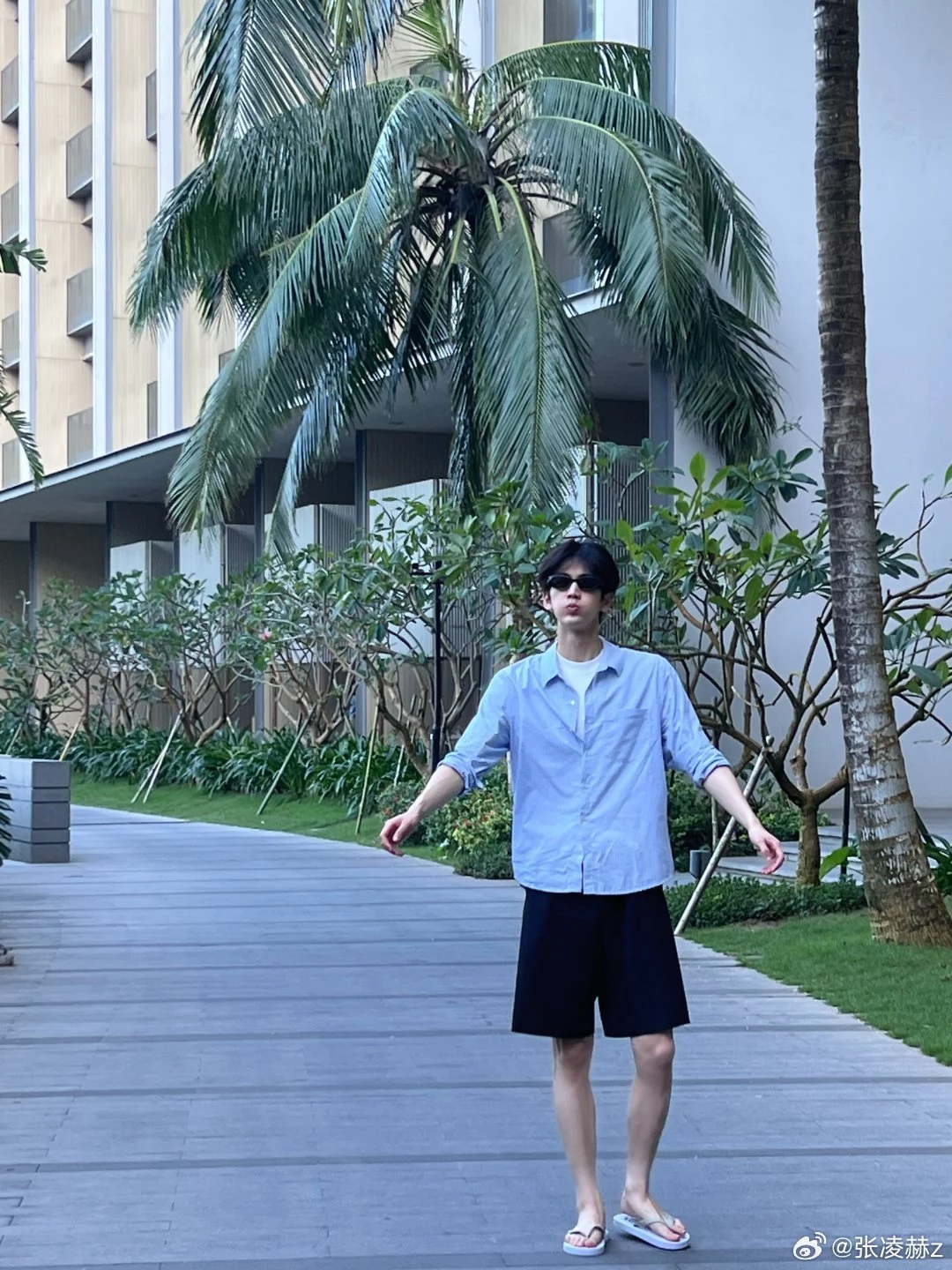 張凌赫這個穿搭度假感100分！以淺藍色襯衫搭配黑色寬版短褲，整體配色清爽乾淨，襯衫採微寬鬆剪裁，內搭白T增加層次，再搭配黑色墨鏡，瞬間讓整體多了一點明星氣場，輕鬆自在是夏天最不費力的搭配方式。
