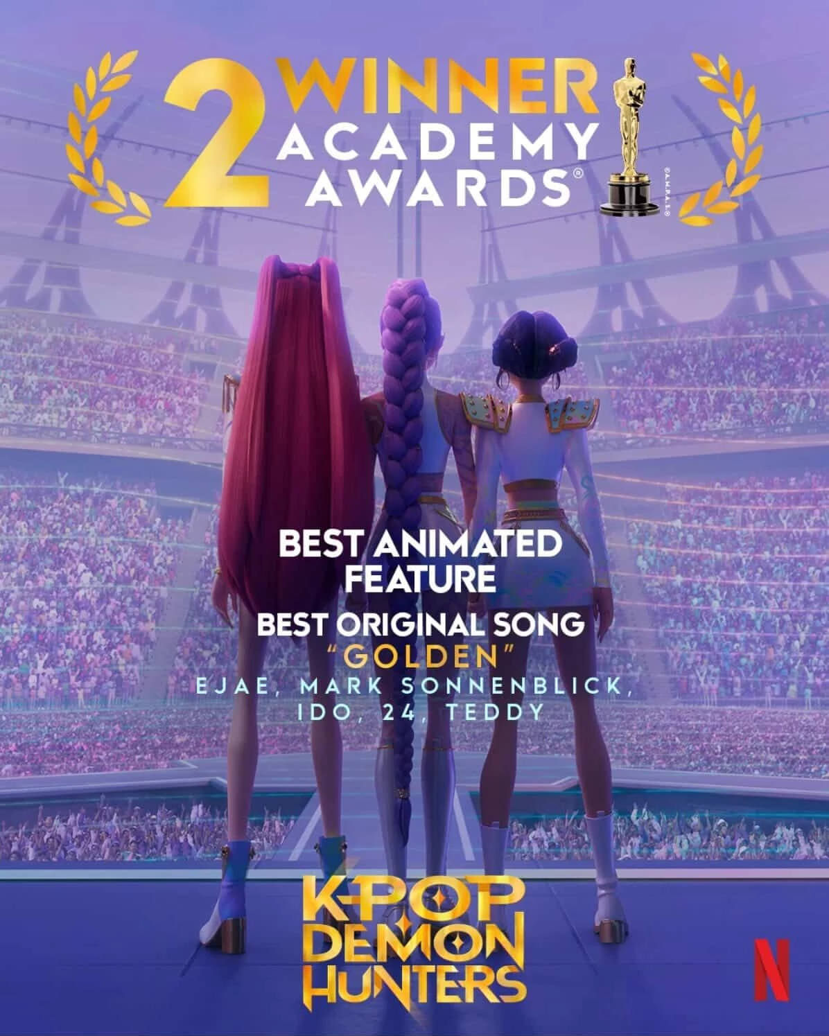 最終《K-pop 獵魔女團》不負眾望,一連拿下「最佳動畫」與「最佳歌曲」兩項大獎,導演兼編劇瑪姬姜在領獎時激動表示:「對於那些長得像我一樣的人們,我很抱歉,我們等了這麼久,才終於在這樣的電影裡看到自己的身影。但這部片終於誕生了,這代表下一代不必再陷入那樣的渴望。」
