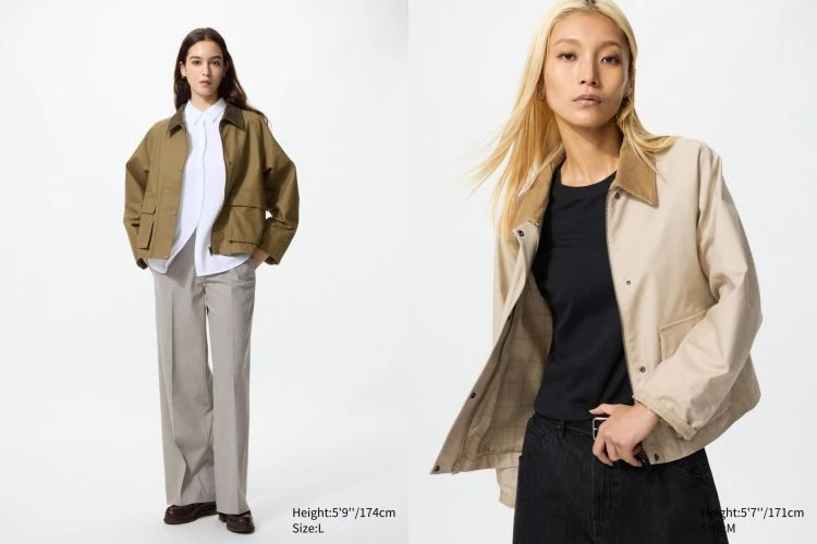 Uniqlo這件短版工裝外套真正吸引我的,不只是工裝元素,還有它對比例的處理。短版箱型剪裁直接拉高視覺重心,值得一提的是,背面打摺與側片製造出A字輪廓,讓衣服在活動時有空間,但靜止時線條依然乾淨,呈現出「不貼身、卻不顯寬」的狀態,這也是日本女生日常穿搭中最常見的輪廓設定。