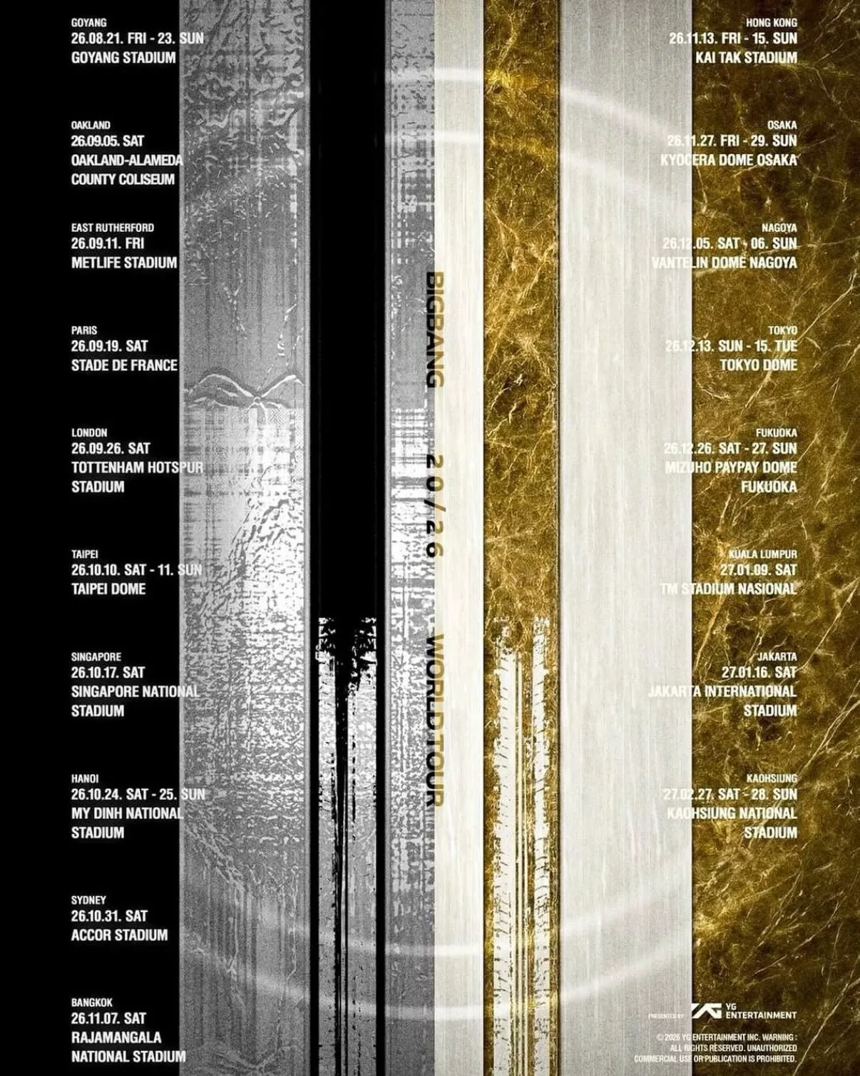 沒想到就在今日，BIGBANG 正式宣布 2026 全球巡演城市場次，演唱會將於 8 月 21 日從韓國高陽開跑，一路巡迴世界各國，而網路謠傳許久「台北高雄兩地都可能開唱」的傳說，竟然真的實現！