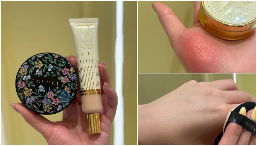 Gucci 恆久無瑕氣墊粉底，NTD2,900；Gucci 裸光潤色素顏霜，NTD2,150
