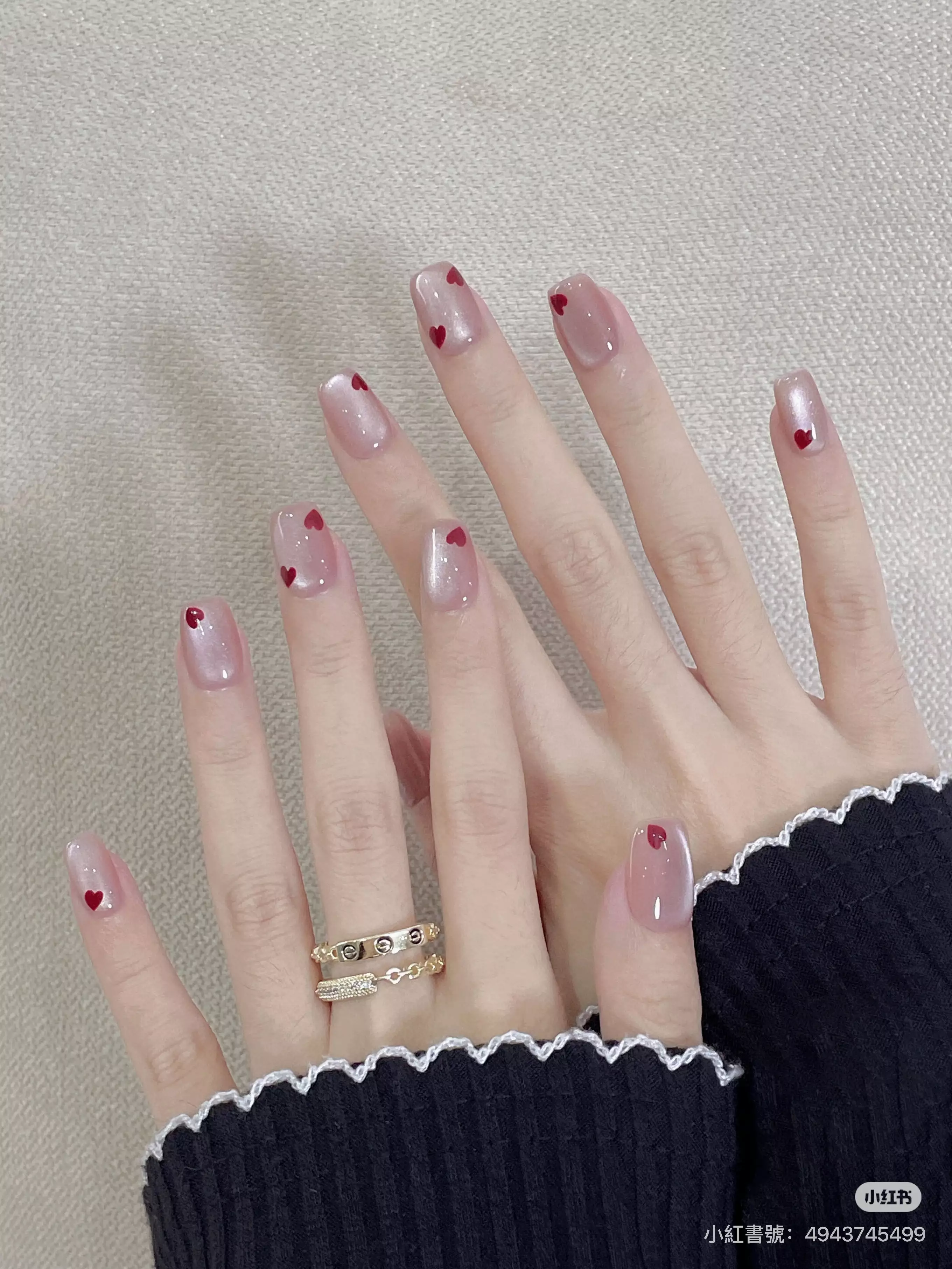 粉色貓眼光療美甲7:玻璃珠x俏皮紅色愛心