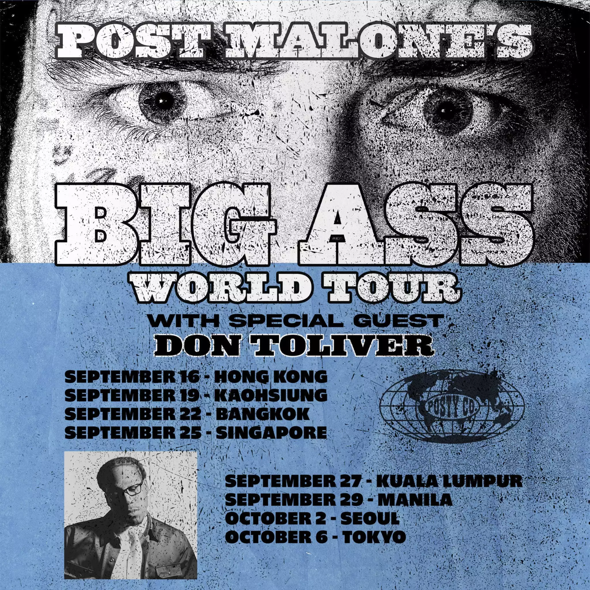 「Post Malone Presents The BIG ASS Stadium World Tour」可以說是 Post Malone 出道至今最大場的巡演，至今在全球已累計吸引超過百萬名歌迷朝聖，在結束歐美國家各大城市後，今年也將陸續造訪香港、曼谷、新加坡、吉隆坡與首爾等亞洲指標大城市，台灣則是訂定於 9 月 19 日插旗高雄世運主場館。
