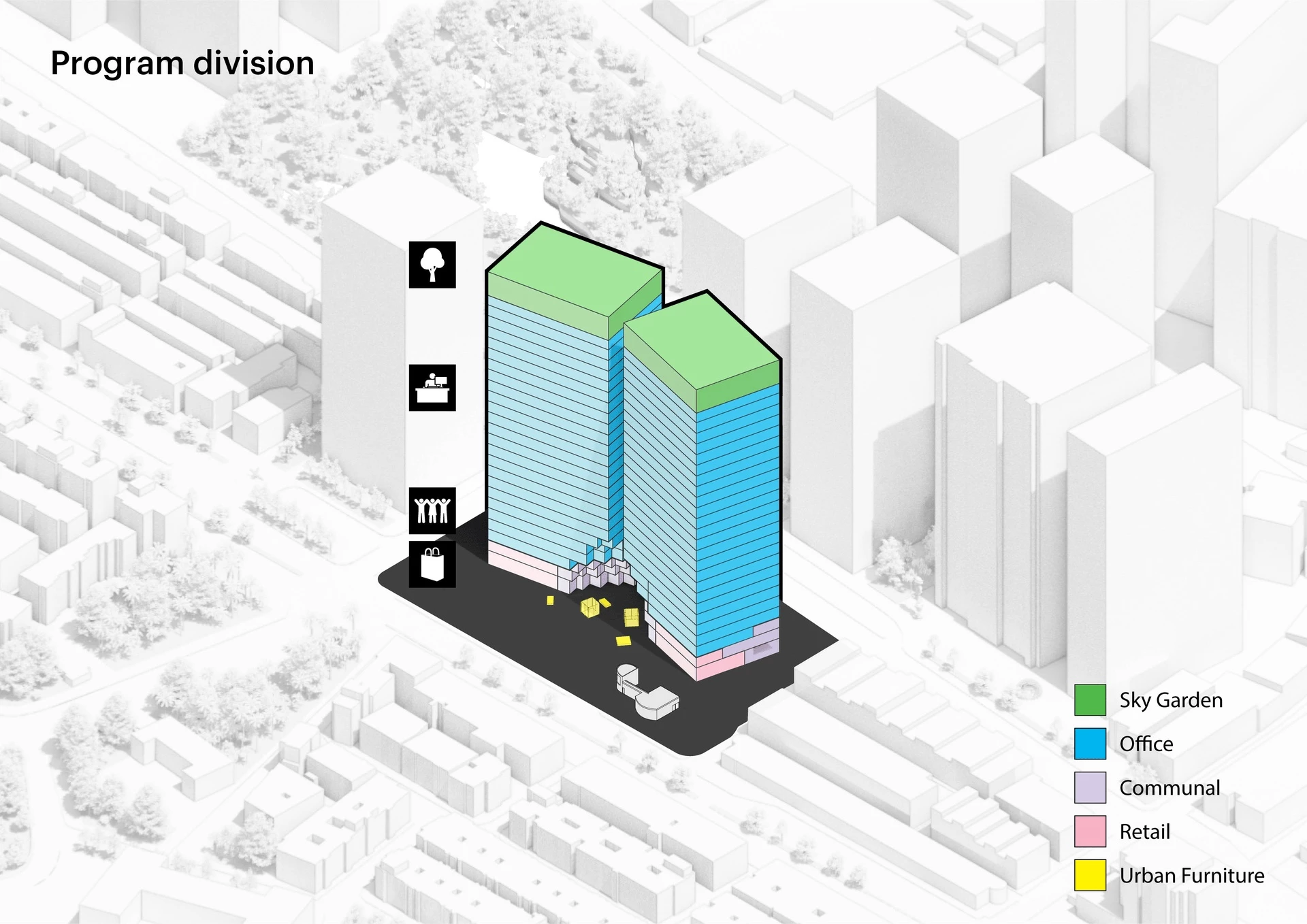 這座全新高樓地標位於南港區忠孝東路六段,MVRDV 希望透過南港雙塔建立鮮明且易於辨識的城市意象。建築外側採用玻璃帷幕搭配外凸立面線條,內側則運用較為平整細緻的立面設計,形成強烈對比。建築立面格線更延伸至廣場鋪面,透過扭轉與變形的紋理強化建築量體分離的概念;地面層則透過切削量體創造出如洞穴般的入口空間,形成寬敞的城市廣場,將規劃零售商業空間、餐廳及開放式城市廣場,成為居民及上班族聚會、散步與休閒的新據點。