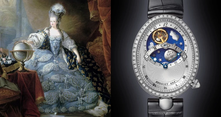 在1780年代的法國宮廷，瑪麗 ‧ 安托瓦內特王后（Queen Marie-Antoinette，上圖左），就一直是Breguet時計的忠實擁戴者，她也曾經訂製過一款項鍊懷錶。品牌與法國皇室淵源其來已久。
