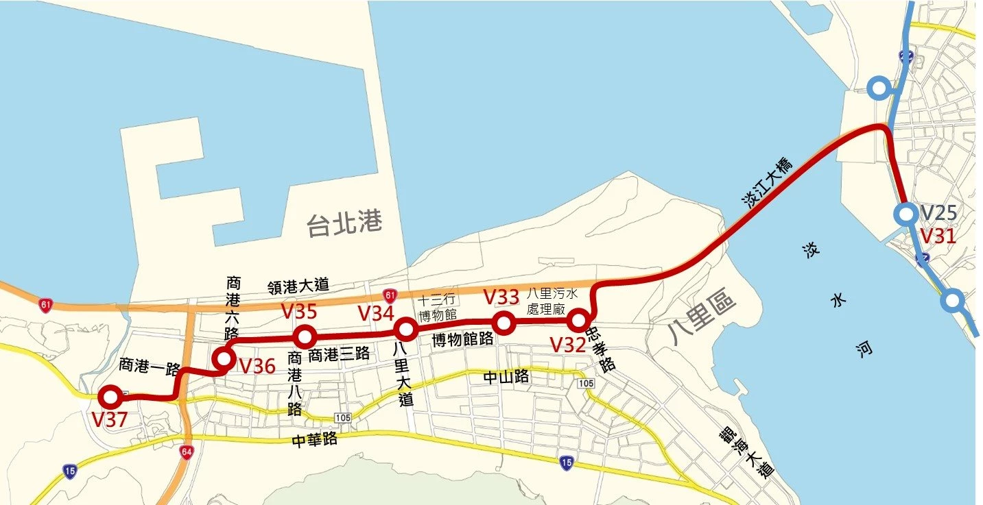 新北捷運「八里線」共規劃 7 個上車地點，包括：V31 站（淡水區中正路二段與中正路一段 87 巷路口，可轉乘淡海輕軌二期 V25 站）、V32 站（八里區博物館路及忠孝路口）、V33 站（八里區博物館路及文昌路口）、V34 站（八里區商港三路及八里大道路口）、V35 站（八里區商港三路及商港八路口）、V36 站（八里區南港六路及商港一路口）、V37 站（八里區中山路三段及訊塘二路口）。