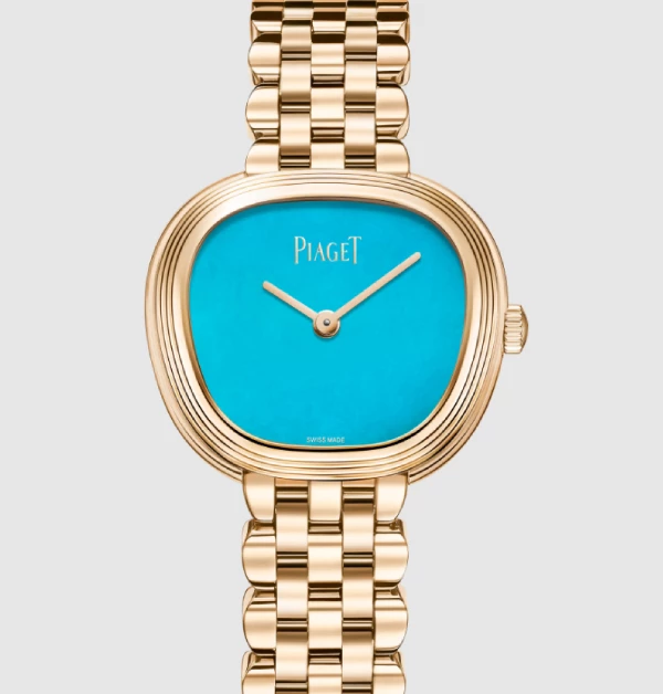 這款玫瑰金鍊錶，以標誌性的橫向橢圓錶殼與階梯式刻紋，完美重塑了1960年代的復古前衛美學。大膽的天然綠松石面盤在金燦色澤映襯下，散發出獨一無二的藝術氣息，難怪連GD也傾心於這份跨越時代的奢華玩味。（商品價格約：NTD 1,220,000）