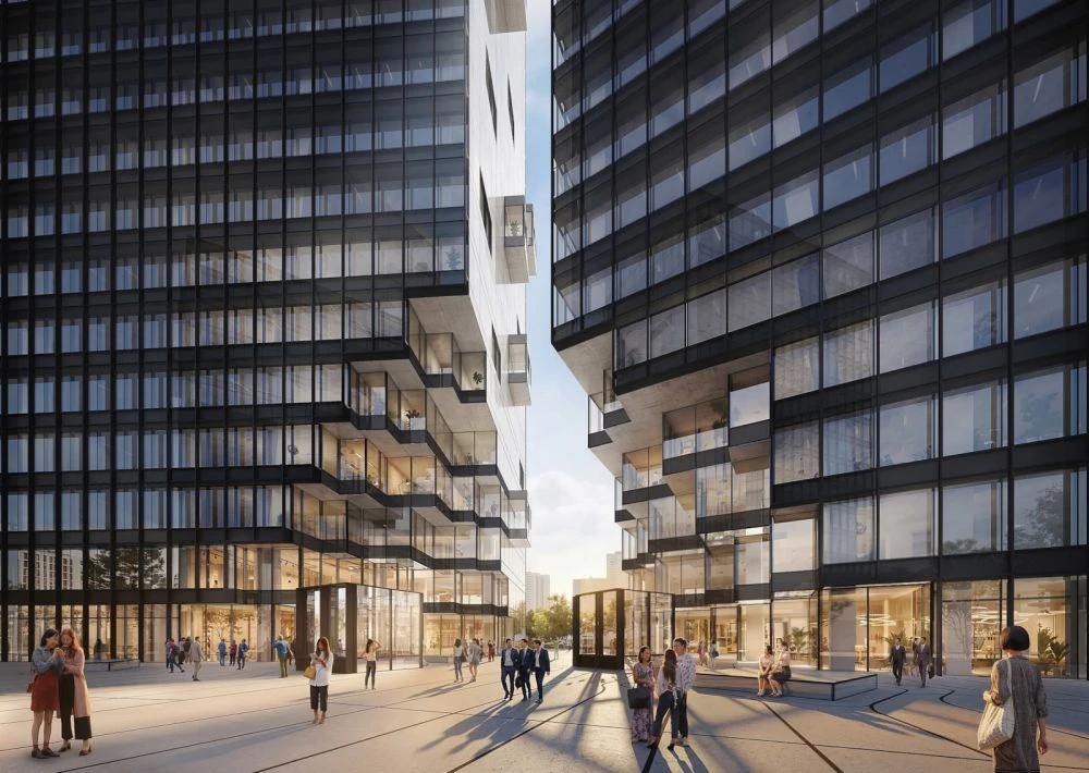 台北市東區將迎來全新地標，由國際建築事務所 MVRDV 操刀設計的南港雙塔（Nangang Pair），基地坐落於南港區昆陽站前。兩棟辦公大樓以獨特的建築語彙打造嶄新的城市入口，並以「一棟建築被劈開成兩座塔樓」為設計靈感。地面層規劃零售商業空間、餐廳及開放式城市廣場，將成為未來城市天際線的新亮點，同時串聯車站周邊的人流動線與公共場域。
