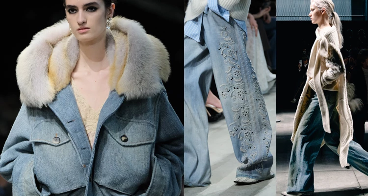 這般「高訂靈魂」亦注入了有著充滿顆粒感的丹寧織物之中。透過獨特的織造技法，粗獷的牛仔布被賦予了如同柔軟花呢般的豐富層次，不僅擁有溫潤的視覺份量，表面更透著不規則的細緻光點。