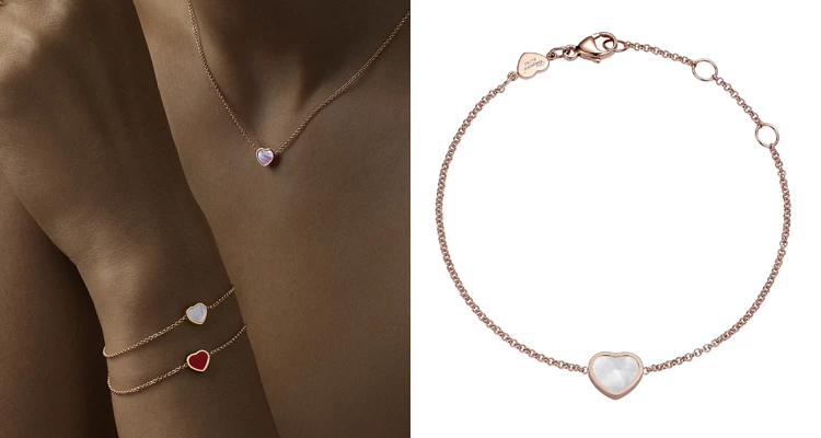 這款「Happy Hearts」手鍊，將Chopard標誌性的心形設計與靈動的滑動鑽石完美結合，玫瑰金的溫潤色澤，正如媽媽那份溫暖而堅定的愛。圓潤的心形墜飾，由白色珍珠母貝打造，散發著純淨且恆久的熠熠光澤。中央滑動的鑽石猶如媽媽眼中對孩子無盡的關愛與期盼，時刻在腕間輕盈躍動，充滿活力。這不僅僅是一件珠寶，更是將媽媽綿長且細膩的愛心具象化，讓這份溫柔的守護時刻相伴，在舉手投足間注入滿滿的幸福與勇氣。（商品價格約：NTD 58,000）