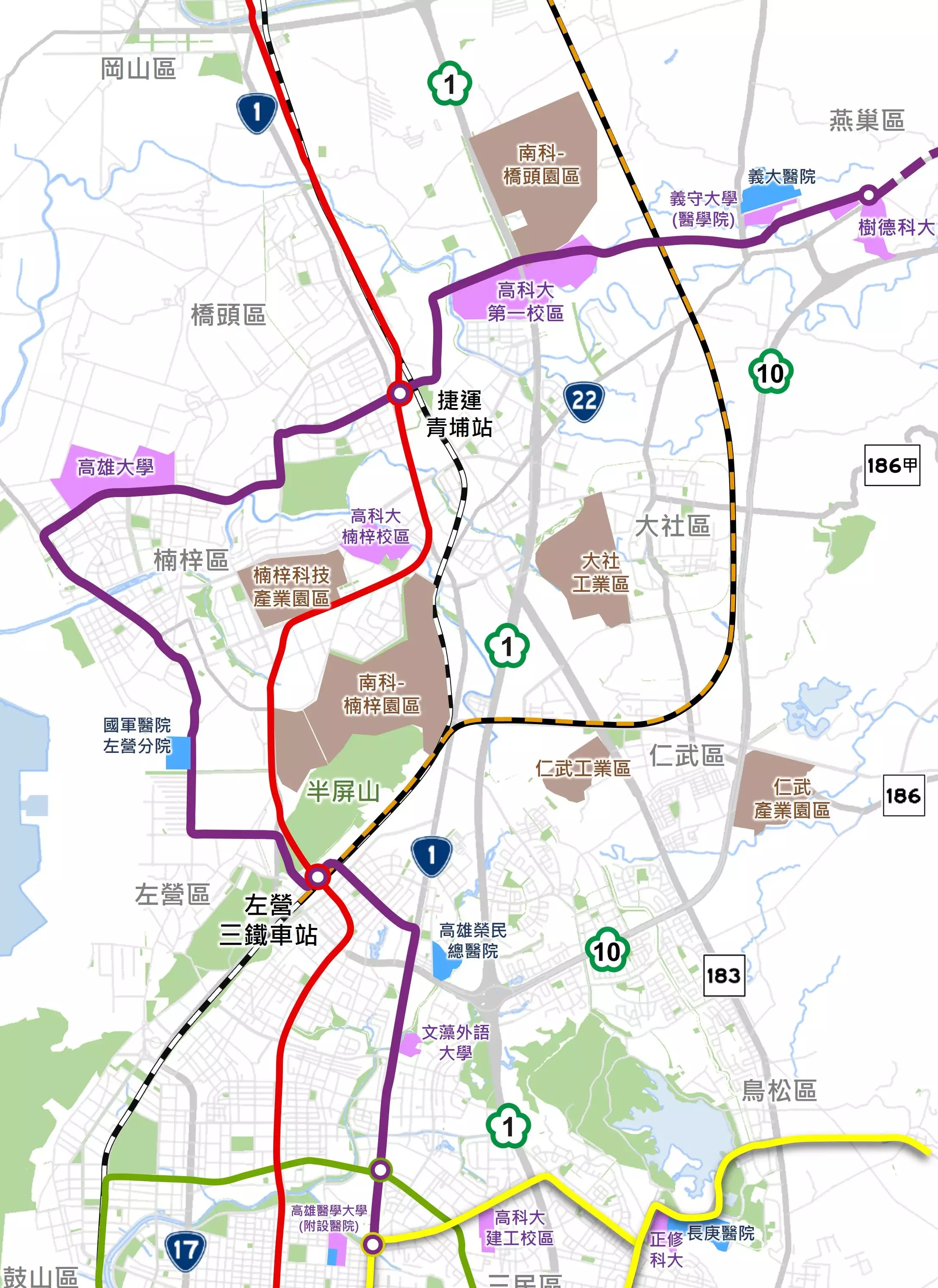 高雄捷運「高鐵右昌學園線」,又稱「紫線」,是一條全長約 36 公里的捷運新路線,規劃設置 24 座車站。路線行經三民、左營、楠梓、橋頭、燕巢、大樹等 6 個行政區,串聯高雄醫學大學、文藻外語大學、國立高雄大學、國立高雄科技大學、義守大學醫學院、樹德科技大學及國立高雄師範大學等重要校區,同時行經南科橋頭園區,形塑高雄北部「S 廊帶」。