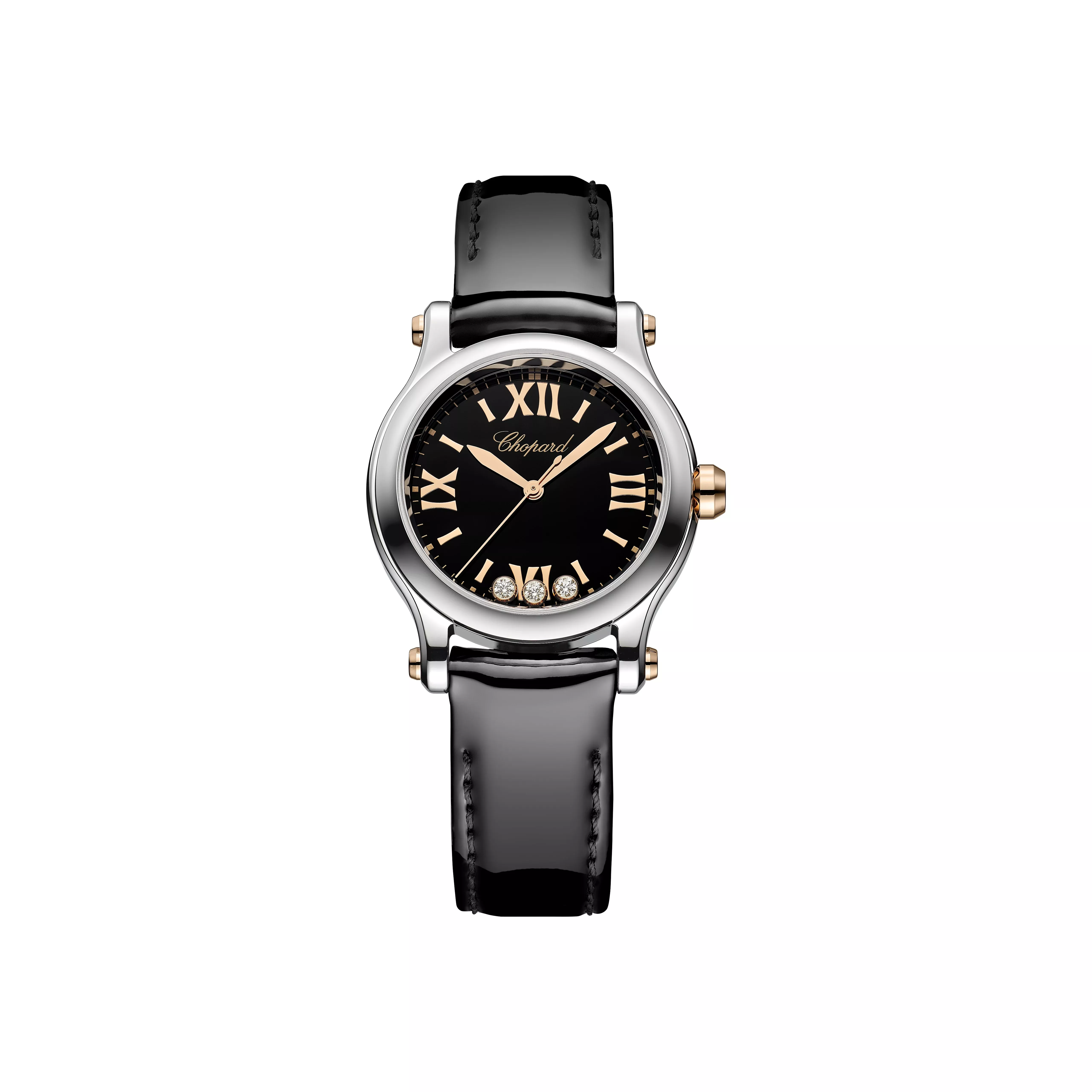 Chopard Happy Sport 系列自1993年問世以來，便以「會動的鑽石」聞名。鑽石在兩層藍寶石水晶之間自由滑動，隨著手腕擺動而產生變化，讓時間多了一點趣味。30毫米錶徑搭配黑色漆面錶盤與玫瑰金細節，整體在優雅與活潑之間取得平衡。這款腕錶特別適合那些在理性與感性之間切換的女性。它既能在正式場合中維持專業形象，又保留了一點個人風格的彈性。某種程度上，它提醒我們，即使在講求效率的職場，也可以保有一點輕盈。