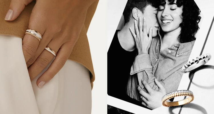 Boucheron「Quatre」系列,憑藉其獨特的法式建築雕紋與「不需焊接」的組合工藝,完美詮釋了伴侶間「雖為獨立個體,卻能完美契合」的愛情寓意,進而成為不少對待嫁新人及名人們作為彼此平時配戴的婚戒或日常珠寶首選。比如:林依晨或周渝民結婚時也是將「Quatre」當作與另一半的對戒,不過度張揚,但又十分日常百搭、有意義。