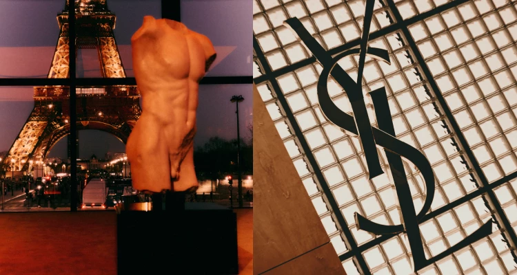 為了烘托整場秀的氛圍，品牌團隊特別以通透的落地玻璃、溫潤木質與皮革元素構築出一處宛如私密寓所般的空間場景。秀場中央佇立著一座巨型復刻雕像，為整體佈置增添了莊重而藝術性的氣息。