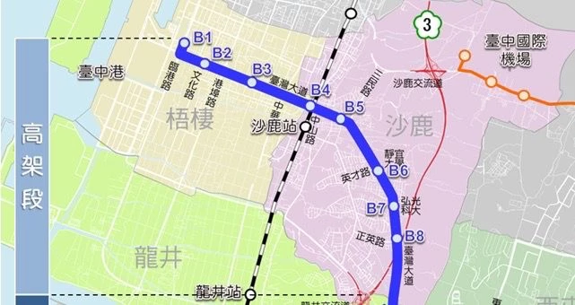 捷運「藍線」全長約 25 公里，規劃西起台中港，沿台灣大道串聯沙鹿火車站、市政府、台中火車站，東至新建國市場。沿途行經各大醫院、學校、觀光景點及政經中心，並與捷運「綠線」交會，形成十字路網。全線規劃設置高架車站 8 座、地下車站 12 座，共 20 座車站及 1 座機廠，預計於 2034 年通車。