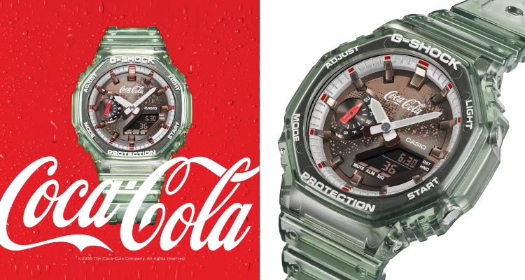 Casio（卡西歐）旗下經典G-Shock，這次與可樂大廠Coca-Cola 140周年的聯名，可以說是今年最直觀、也最沒有距離感的一次聯名。整體設計直接以強烈的可樂瓶子色澤作為延伸，一邊是 Coca-Cola 經典紅底與標誌性白色字體，另一邊則是呼應玻璃瓶身的半透明果凍綠色的錶體質感呈現，營造出非常鮮明、看到就知道是可口可樂的直覺式設計。