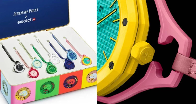 這系列名為「Royal Pop」的懷錶樣式，設計靈感源自Swatch於1986年推出的經典「Pop」系列，再融合AP「皇家橡樹」最具代表性的八角形錶圈與外露螺絲元素。一共推有8種不同配色版本，搭載改良版手上鍊機芯，並具備約90小時動力儲存。不過更重要的是，它早已不只是傳統腕錶，而更像是一種能自由搭配的「穿戴式時間裝置」。