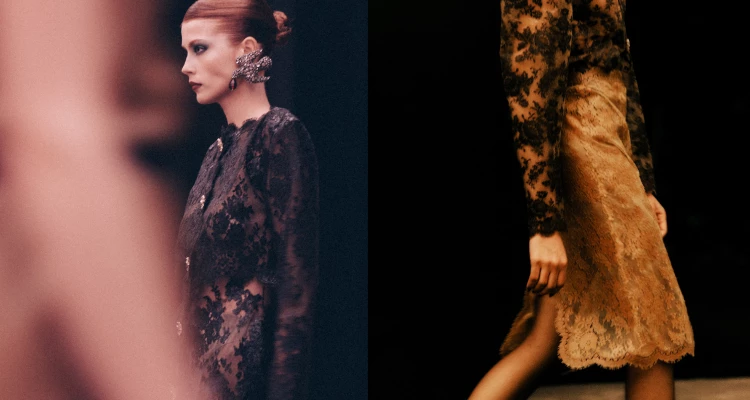 於材質運用上，「蕾絲」的出現頻率之高，被Anthony Vaccarello推向了致極，成為本季詮釋性感的核心語彙。不再只是單純強調裸露，而是透過層層交織的蕾絲紋理，將女性的親密感與脆弱性轉化為一種細膩而深沉的性感美學表達。