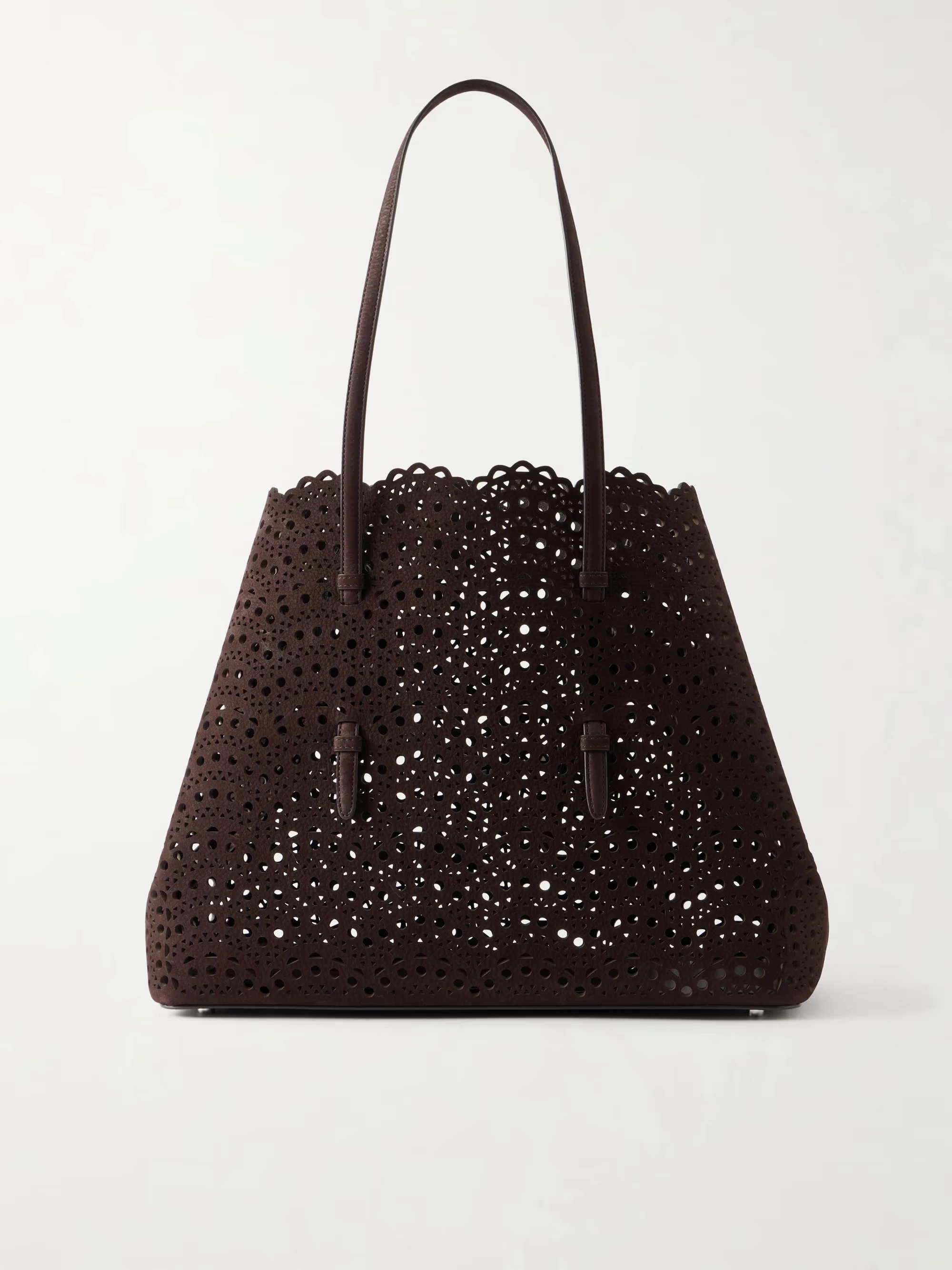 Alaïa Mina 37雷射切割皮革托特包，以品牌招牌的鏤空雷射切割工藝打造，通透又具設計感，是低調中見細節的高級托特包。