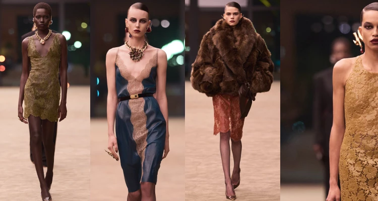 整體色調則以暗郁而深邃的色系為主軸：黑色、深棕、酒紅、赭石、青綠…等彼此混搭，營造出帶有神祕氣息的視覺氛圍。柔軟的蕾絲在沉靜色調的襯托下，不僅放大了性感的張力，也讓那份脆弱與親密顯得更加動人，勾勒出一種既柔軟又強烈的女性姿態。