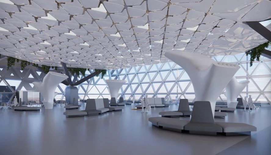 高雄國際機場全新航廈工程,將高雄海洋文化意象融入建築設計,形塑屬於港都特色的國際機場風貌。整體設計以翱翔天際的「海鷗」與連綿起伏的「白浪」為概念,堆疊出建築量體造型。此外,大跨距屋頂結構則以高雄美濃「油紙傘」為靈感,單元系統構件具備良好的擴充與銜接彈性。即使整體量體龐大,視覺上仍展現輕盈流動感。