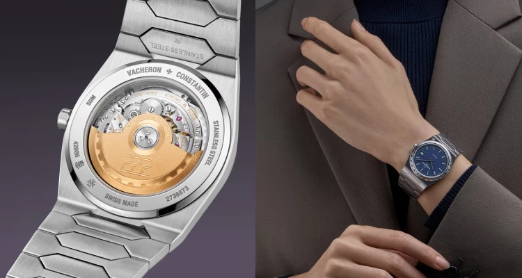 「222」錶款，採用與錶殼無縫銜接的一體式金屬鍊帶設計，鏈節由寬至窄逐步收斂，使得在配戴時能自然貼合手腕曲線。再加上拋光與拉絲交錯處理，讓光影層次更加豐富，不僅提升舒適度，也展現出頂級製錶對於細節的極致要求。