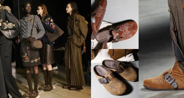 本季最令人驚喜的設計亮點之一，莫過於模特兒腳上的一雙雙勃肯鞋啦！這不只是造型搭配，而是Etro與勃肯聯名合作的率先曝光。以勃肯經典的 「Boston」拖鞋為基礎，簡約輪廓上覆滿Etro擅長的刺繡雕花細節，並結合帶有嬉皮氣息的麂皮材質，讓原本休閒的鞋型多了點層次與質感，也為日常穿搭注入更鮮明的時髦對比。