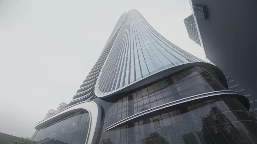 面向台灣大道一側為建築主要形象展示面,立面設計靈感源自高山瀑布意象:「飛流直下三千尺,疑是銀河落九天」。銀灰色玻璃帷幕搭配簡潔俐落的縱向裝飾條,在陽光下熠熠生輝,如同晴空中的瀑布自天際傾瀉而下;層層疊疊的室外陽台,猶如飛流中的磐石,將水勢一分為二,從中破開,並為使用者提供開闊視野。整體建築將以典雅且壯觀的地標形象,成為台中新亮點。