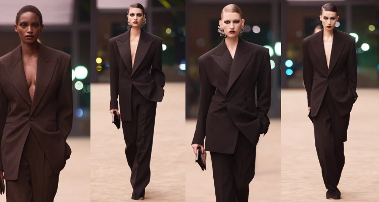 今年也恰逢「Le Smoking」煙管西裝問世60週年。這套由品牌創辦人一聖羅蘭先生於1966年推出的設計，當年以女性穿上晚宴西裝的革命性姿態，不僅顛覆了既有的性別與權力的時裝語言，至今仍被視為時尚史上最具代表性的經典之一。於是在本季的秀場上，創意總監Anthony Vaccarello一口氣推出多套煙管西裝的變奏版本，向這項傳奇設計致敬。