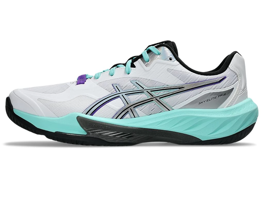 Asics亞瑟士Sky Elite Ff 4排球鞋,屬Shine Pack系列藍綠炫彩設計,為兼顧輕量與彈跳的中高階排球競技鞋款。