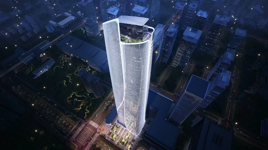面向台灣大道一側為建築主要形象展示面,立面設計靈感源自高山瀑布意象:「飛流直下三千尺,疑是銀河落九天」。銀灰色玻璃帷幕搭配簡潔俐落的縱向裝飾條,在陽光下熠熠生輝,如同晴空中的瀑布自天際傾瀉而下;層層疊疊的室外陽台,猶如飛流中的磐石,將水勢一分為二,從中破開,並為使用者提供開闊視野。整體建築將以典雅且壯觀的地標形象,成為台中新亮點。