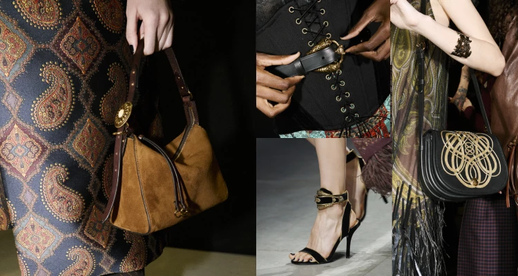 配件上，持續強化整體風格的量感與實穿性。厚底靴款為造型注入力量，腳踝配有金屬扣環的細跟鞋增加精緻細節；手提包、小型托特包與刺繡小包在柔軟與結構之間取得平衡，使整體搭配更完整而有辨識度。