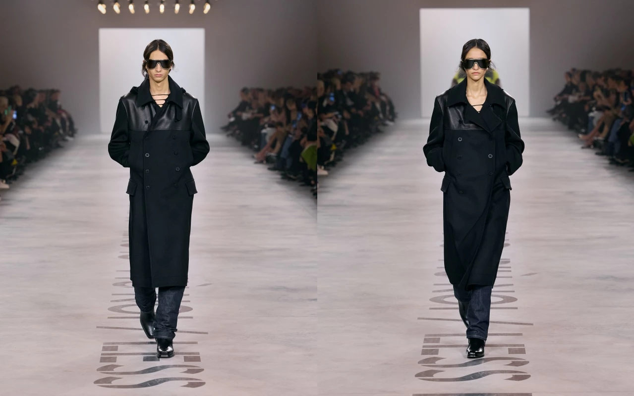 不同於過去男女裝壁壘分明的設計形式，本季 Fendi 以男女合秀的方式呈現，因此能看見多套服裝皆展示出男女裝相互呼應的設計模式