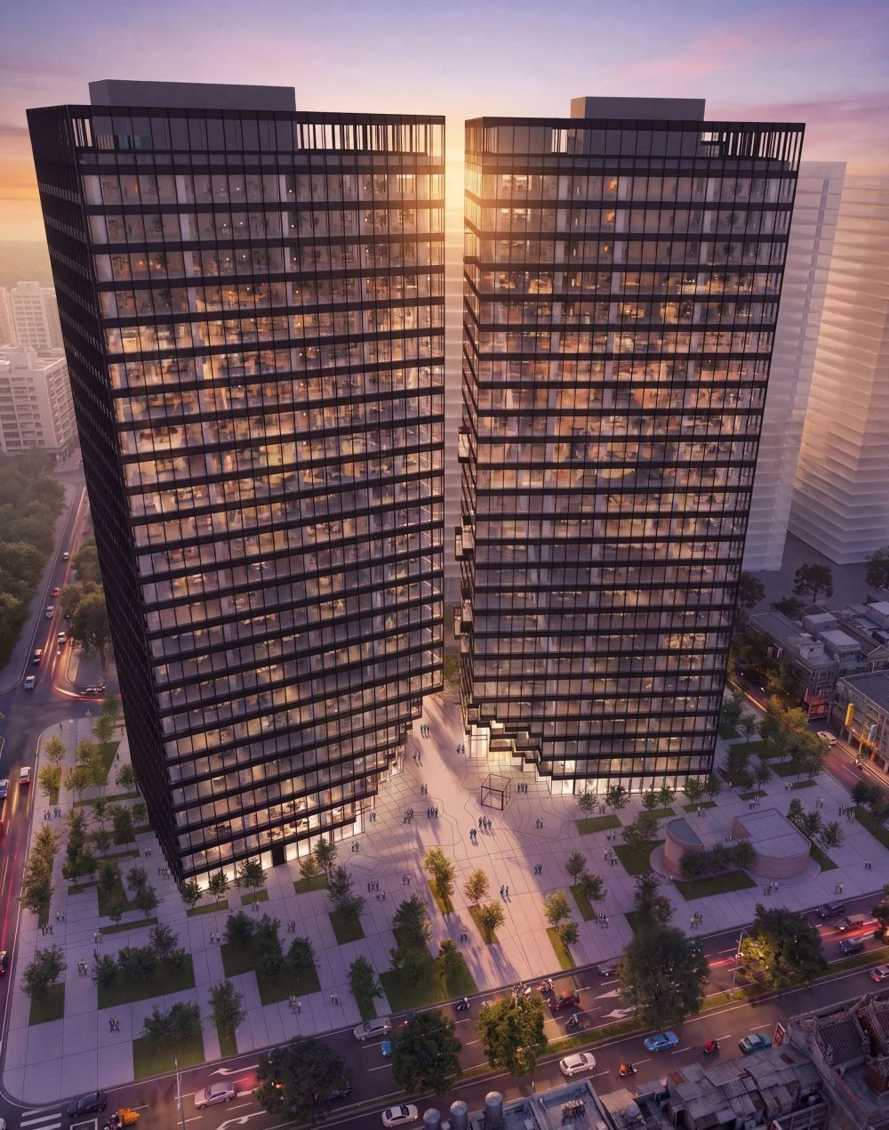 台北市東區將迎來全新地標，由國際建築事務所 MVRDV 操刀設計的南港雙塔（Nangang Pair），基地坐落於南港區昆陽站前。兩棟辦公大樓以獨特的建築語彙打造嶄新的城市入口，並以「一棟建築被劈開成兩座塔樓」為設計靈感。地面層規劃零售商業空間、餐廳及開放式城市廣場，將成為未來城市天際線的新亮點，同時串聯車站周邊的人流動線與公共場域。