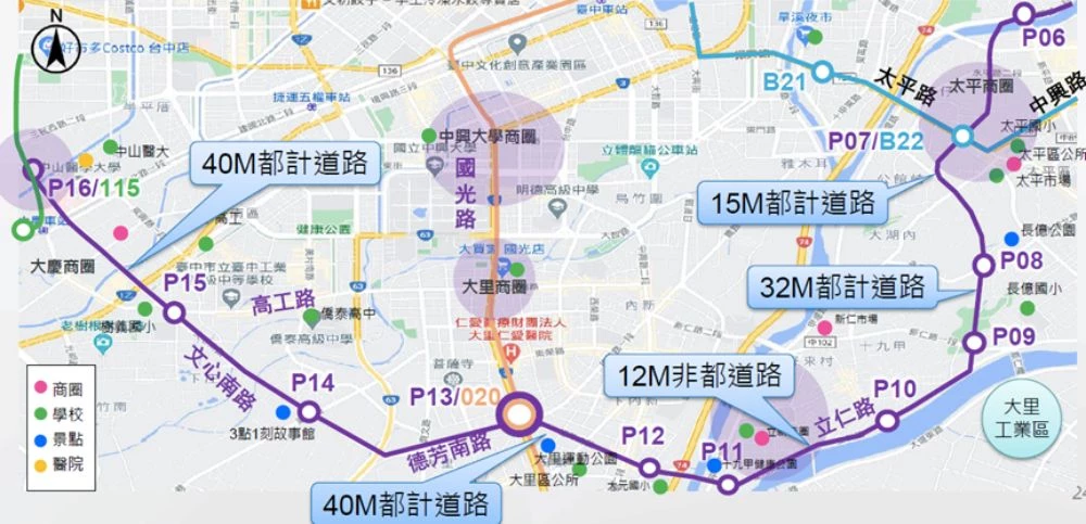 紫線未來將新增 4 處重要轉乘節點，串聯捷運綠線、藍線延伸段、機場捷運（橘線）及台鐵系統，並結合公車接駁，進一步提升整體公共運輸效能。未來，屯區民眾往返台中車站、高鐵台中站、市政府及榮總等重要據點將更加便利，不僅可縮短通勤與旅行時間，也有助於完善台中捷運路網布局，帶動沿線生活圈發展及促進區域均衡發展。