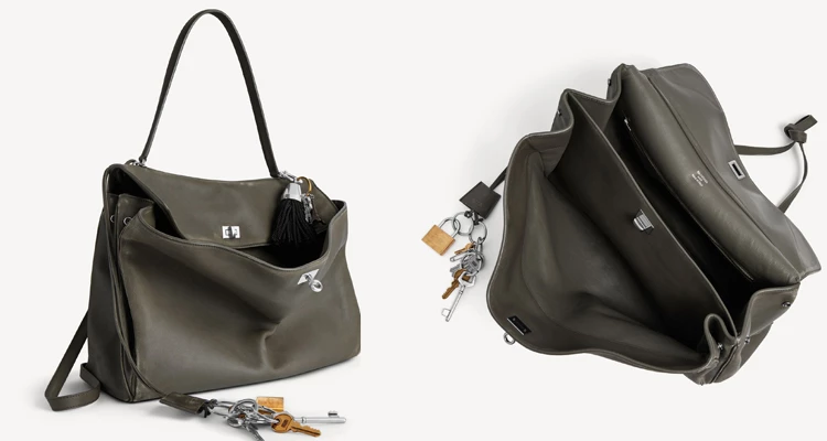 Balenciaga最擅長的「玩味叛逆」，在這款大號「Rodeo」包包裡顯露無疑，採用帶有微舊質感的深綠色滑面小牛皮，故意不扣上的鬆弛包蓋設計，加上包身點綴的趣味吊飾，把高奢工藝與街頭反叛完美結合，大容量卻輕盈、頹廢得無比迷人。（商品價格約：NTD 259,000 ）