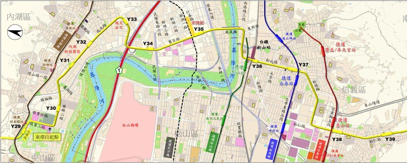 東環段共規劃 10 座車站,包括:Y30 站(中山區樂群二路)、Y31 站(環保公園)、Y32 站(大港墘公園前)、Y33 站(瑞光公園)、Y34 站(內湖區舊宗路二段)、Y35 站(內湖區舊宗路一段與新湖一路口)、Y36 站(信義區松山路與松隆路口)、Y37 站(信義區松山路與忠孝東路口)、Y38 站(信義區松仁路與信義路口)、Y39 站(信義區松仁路與吳興街口)。