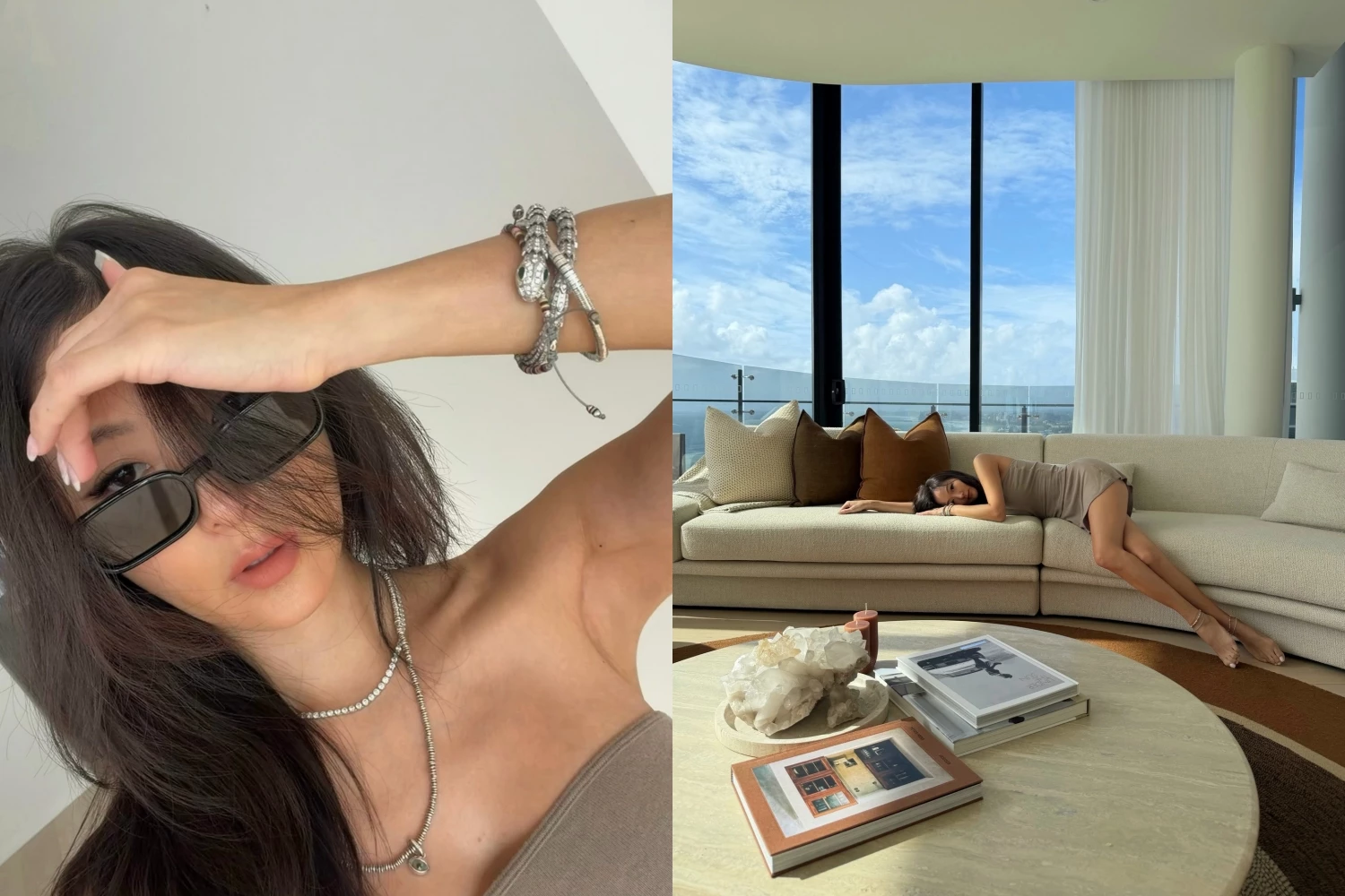 這套造型完美示範「越簡單越顯年輕」的穿搭邏輯！以一件貼身剪裁的裸色細肩帶洋裝作為主角，低飽和色調不只襯托膚色，也讓整體散發自然柔和的減齡感。裙長落在大腿中上位置，恰到好處地拉長腿部線條，搭配微貼身的輪廓，更能穿出俐落又不刻意裝嫩的高級性感。配件則以寶格麗Serpenti手環點綴，在極簡造型中加入精品珠寶的辨識度，慵懶之中又帶點率性。