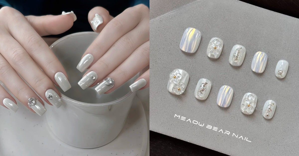 2025珍珠白光療美甲推薦12款！水波紋、漸層、日系小花氣質又顯白
